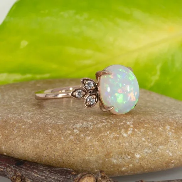 2.3Ct Ethiopian Opal Ring in Solid 14K Rose Gold with Natural Diamond Accents - Picture 6 of 10
